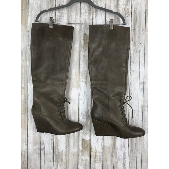 Steve Madden LUXE Taupe Light Brown Tall Leather Lacer Up Pull On Wedge Boots 9 - Picture 3 of 12